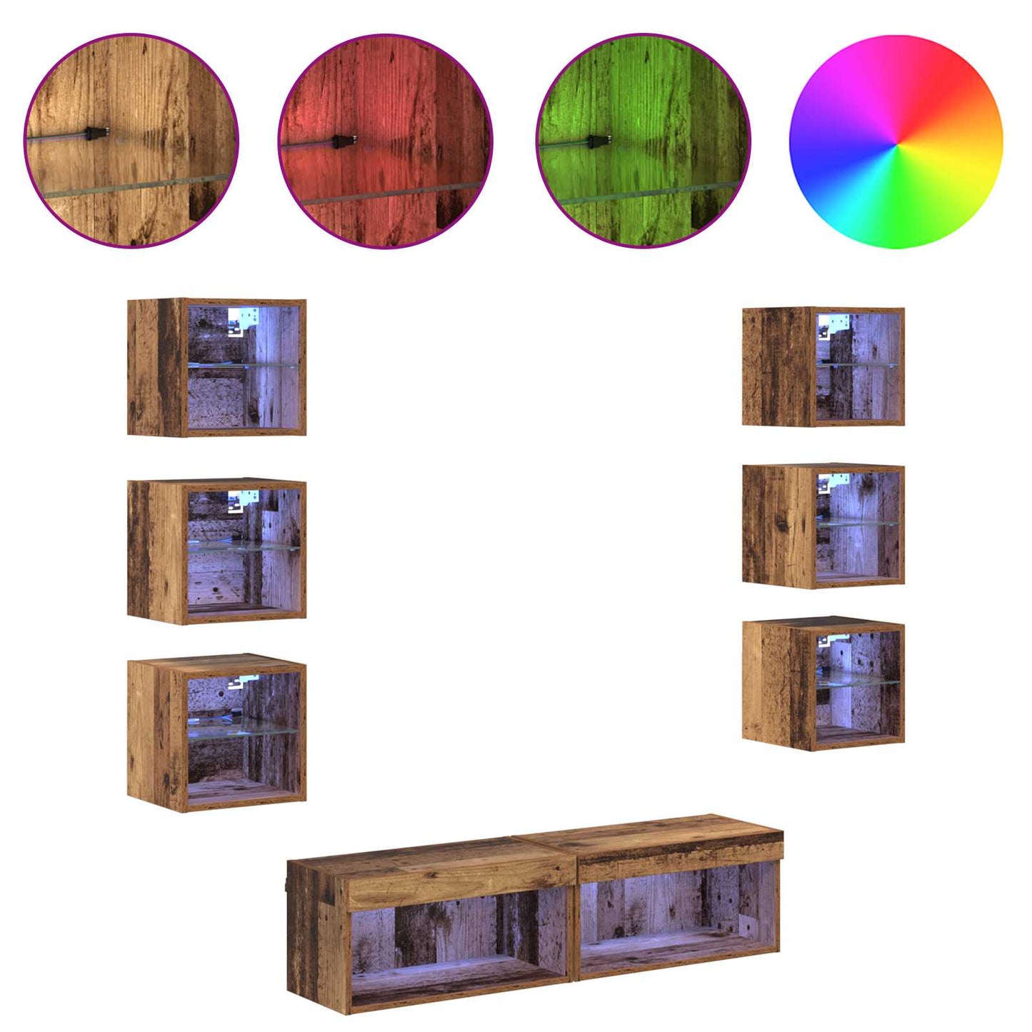 TV-Schränk mit LED-Lichtleisten Wandmontiert 8 pcs Altholz Glas