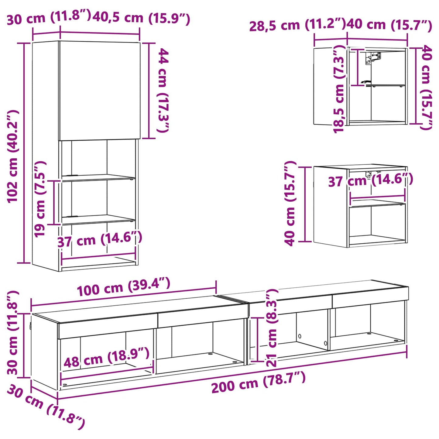 TV Wand Einheiten mit LED 5 stk. Artisan-Eiche 100 x 30 x 30 cm