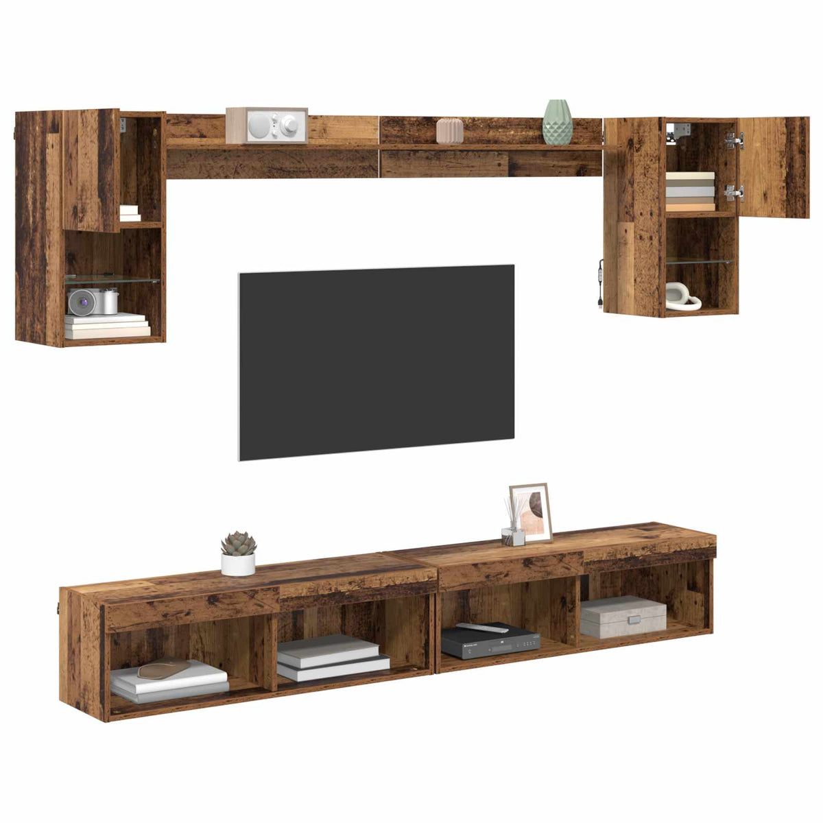 TV Wand Einheiten mit LED 6 stk. Altholz