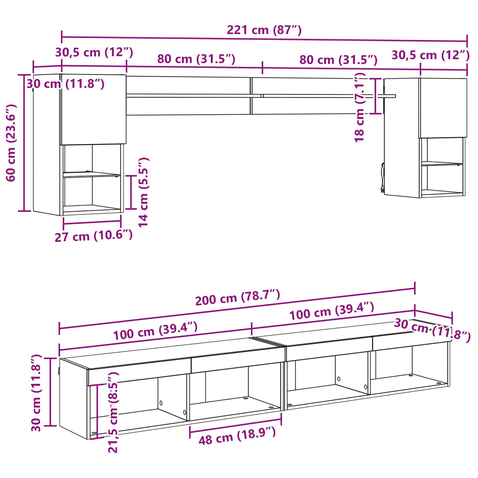 TV Wand Einheiten mit LED 6 stk. Artisan-Eiche Holzwerkstoff