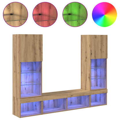 TV Wand Einheiten mit LED 5 stk. Artisan-Eiche Holzwerkstoff