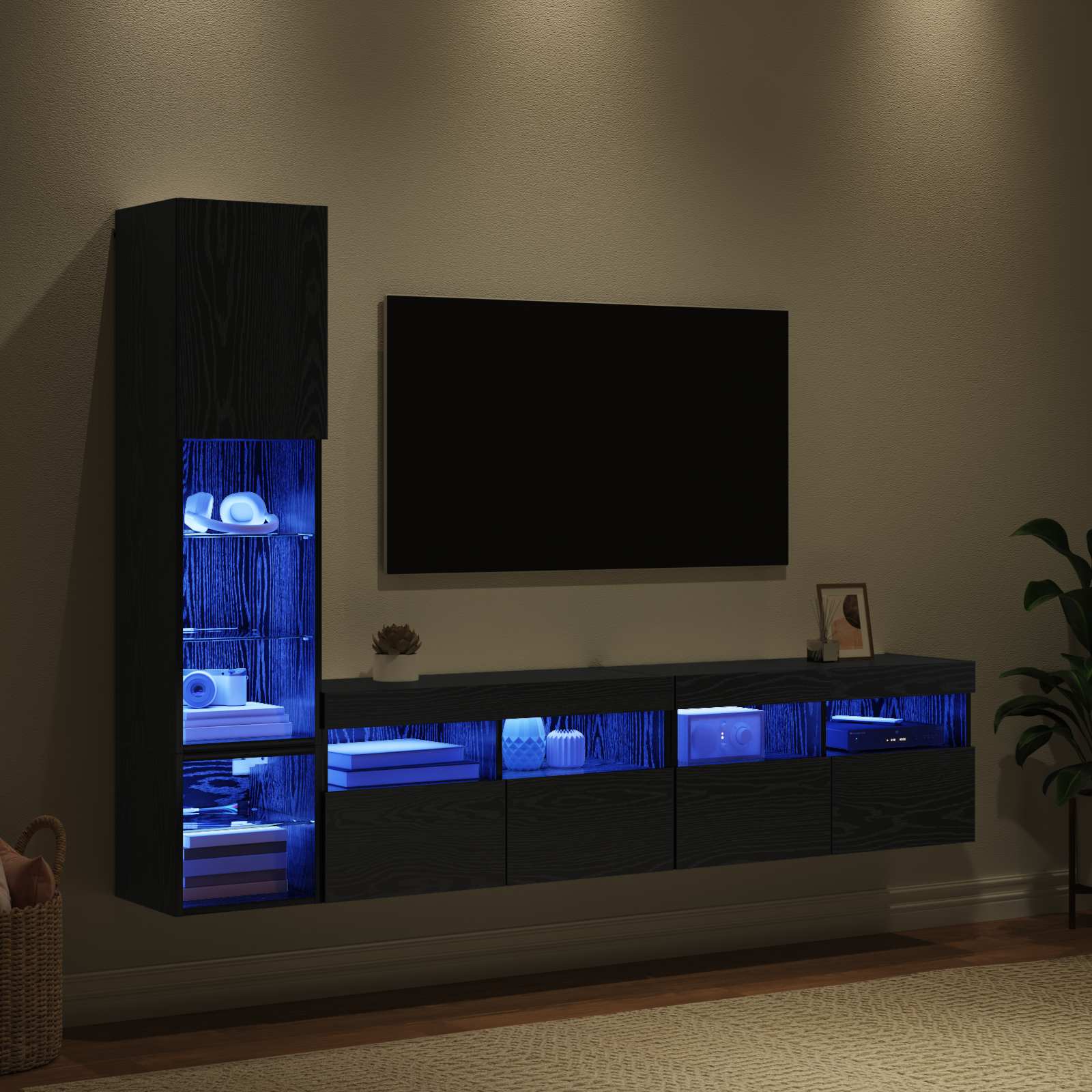 TV-Wandmöbel mit LED 4 pcs Schwarz Eichen-Optik Holzwerkstoff