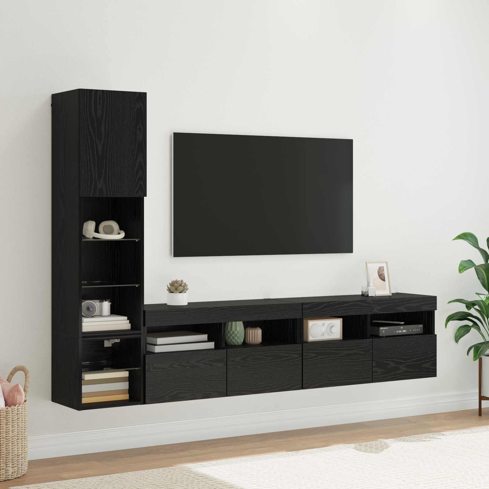 TV-Wandmöbel mit LED 4 pcs Schwarz Eichen-Optik Holzwerkstoff