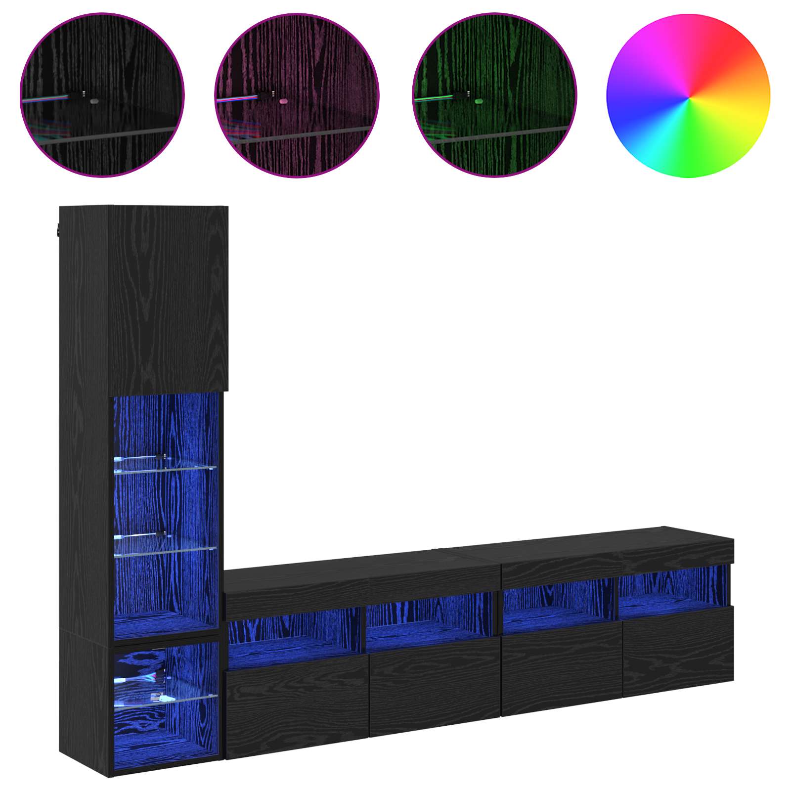 TV-Wandmöbel mit LED 4 pcs Schwarz Eichen-Optik Holzwerkstoff
