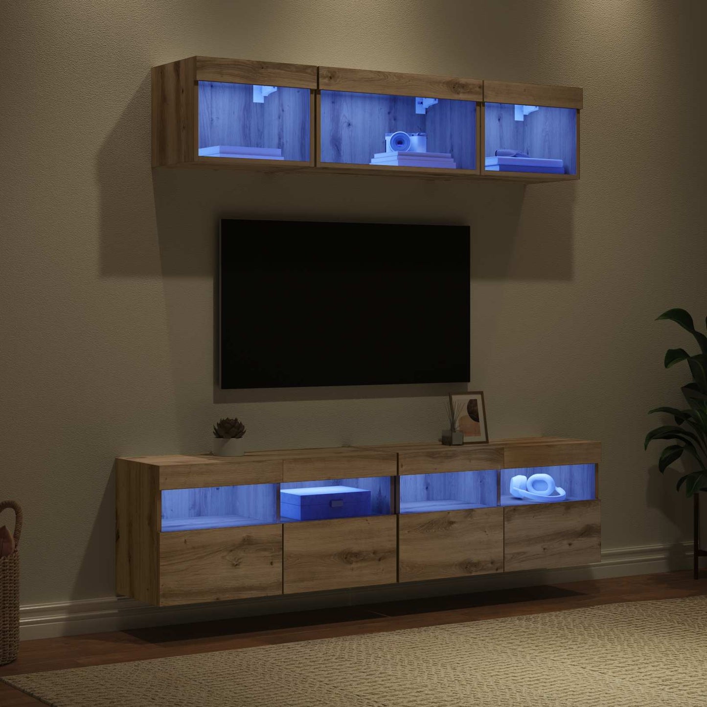 TV Wand Einheiten mit LED 5 pcs Artisan-Eiche Holzwerkstoff