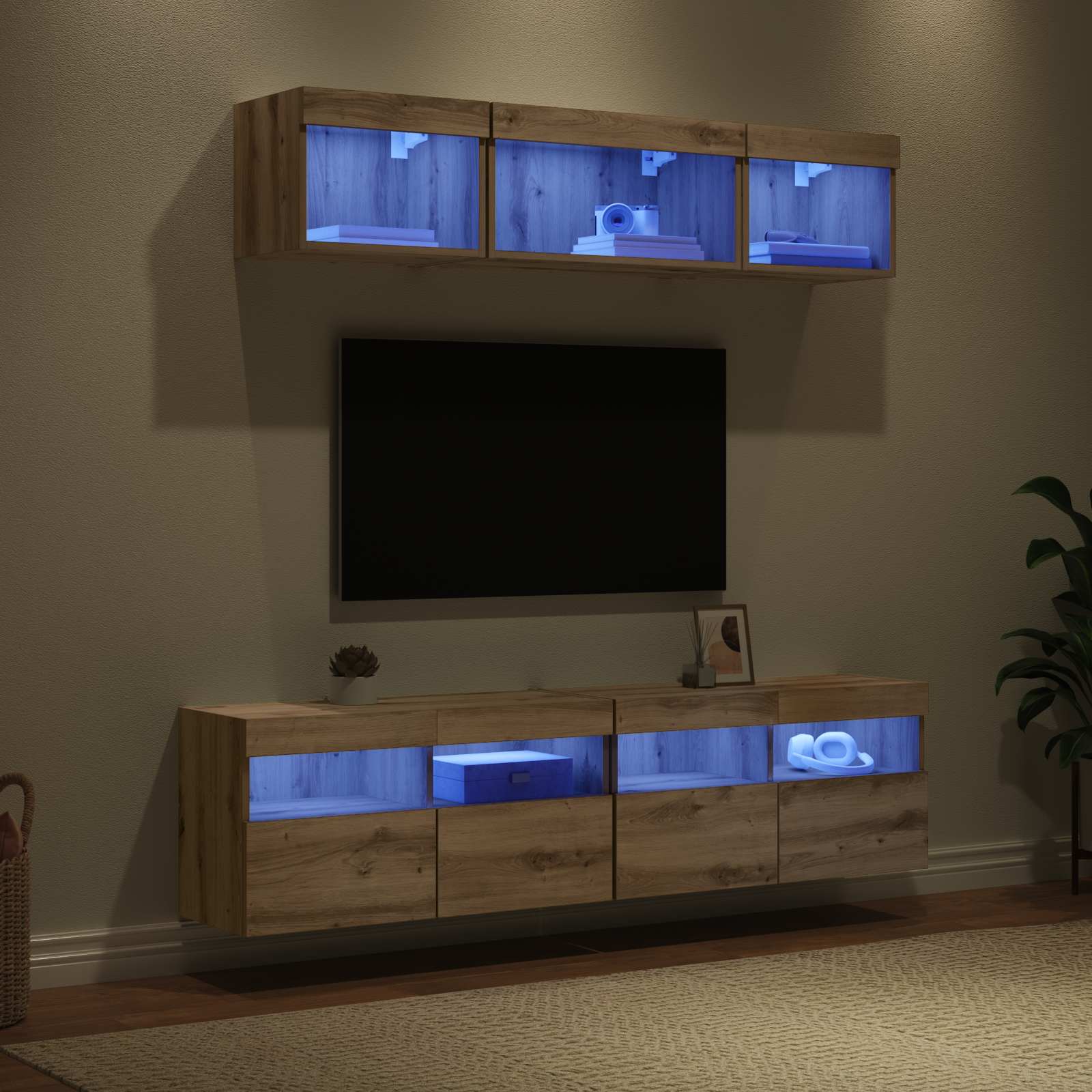 TV Wand Einheiten mit LED 5 pcs Artisan-Eiche Holzwerkstoff