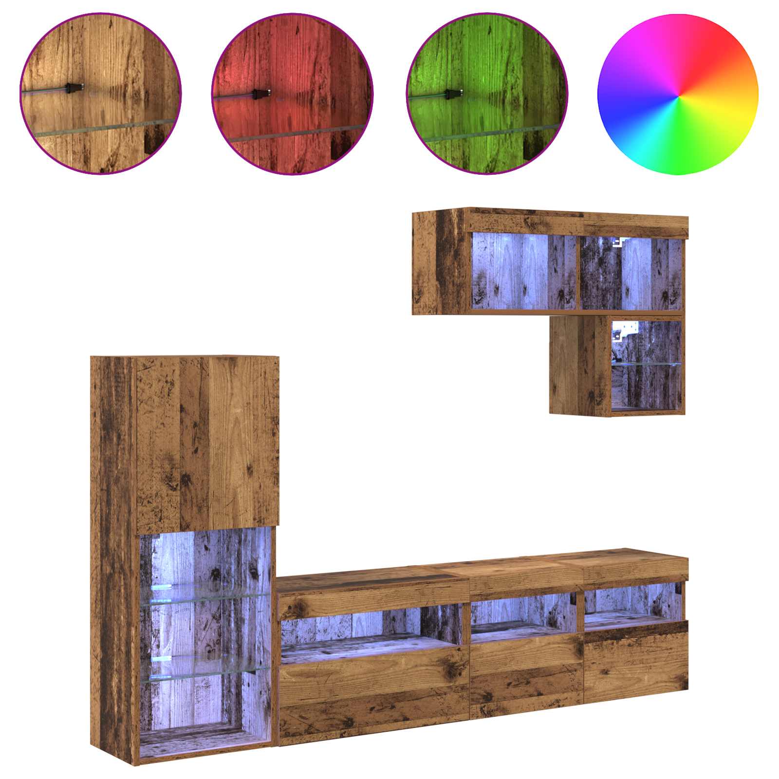 TV-Wandgeräte mit LED-Lichtleisten 6 pcs Altholz Holzwerkstoff