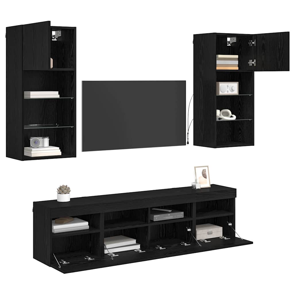 TV Wand Einheiten mit LED 5 pcs Schwarz Eichen-Optik