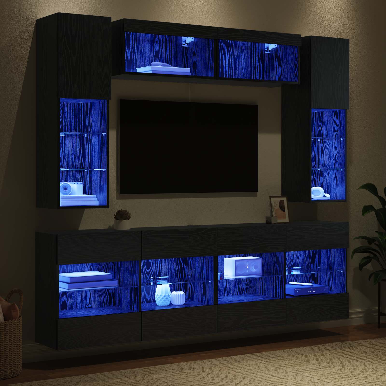 TV-Wandregal-Set mit LED 6 pcs Schwarze Eiche Holzwerkstoff