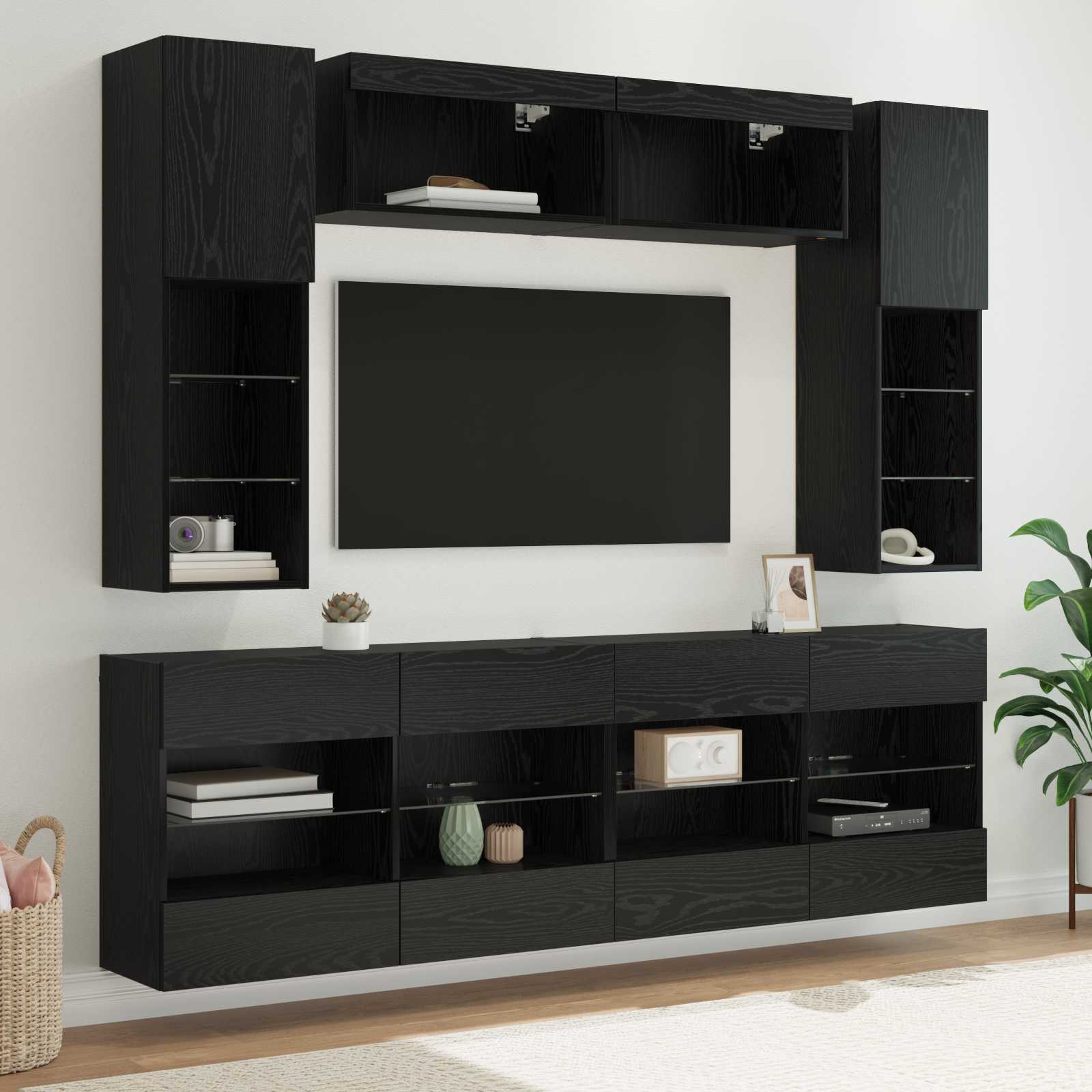 TV-Wandregal-Set mit LED 6 pcs Schwarze Eiche Holzwerkstoff
