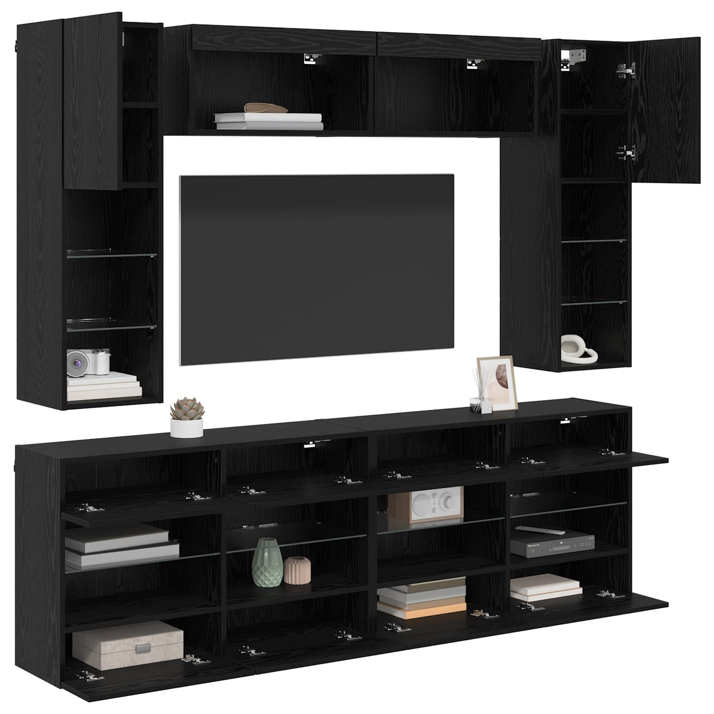 TV-Wandregal-Set mit LED 6 pcs Schwarze Eiche Holzwerkstoff