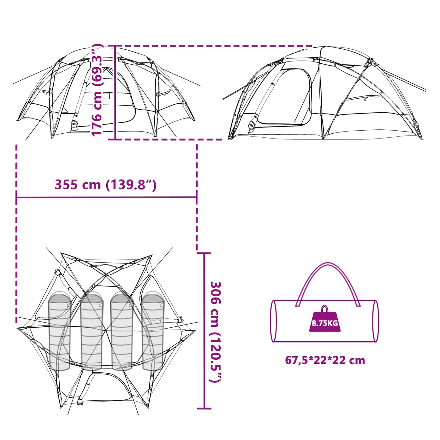Kuppelzelt mit abnehmbarem Regenfly 4 Personen Grau und Orange