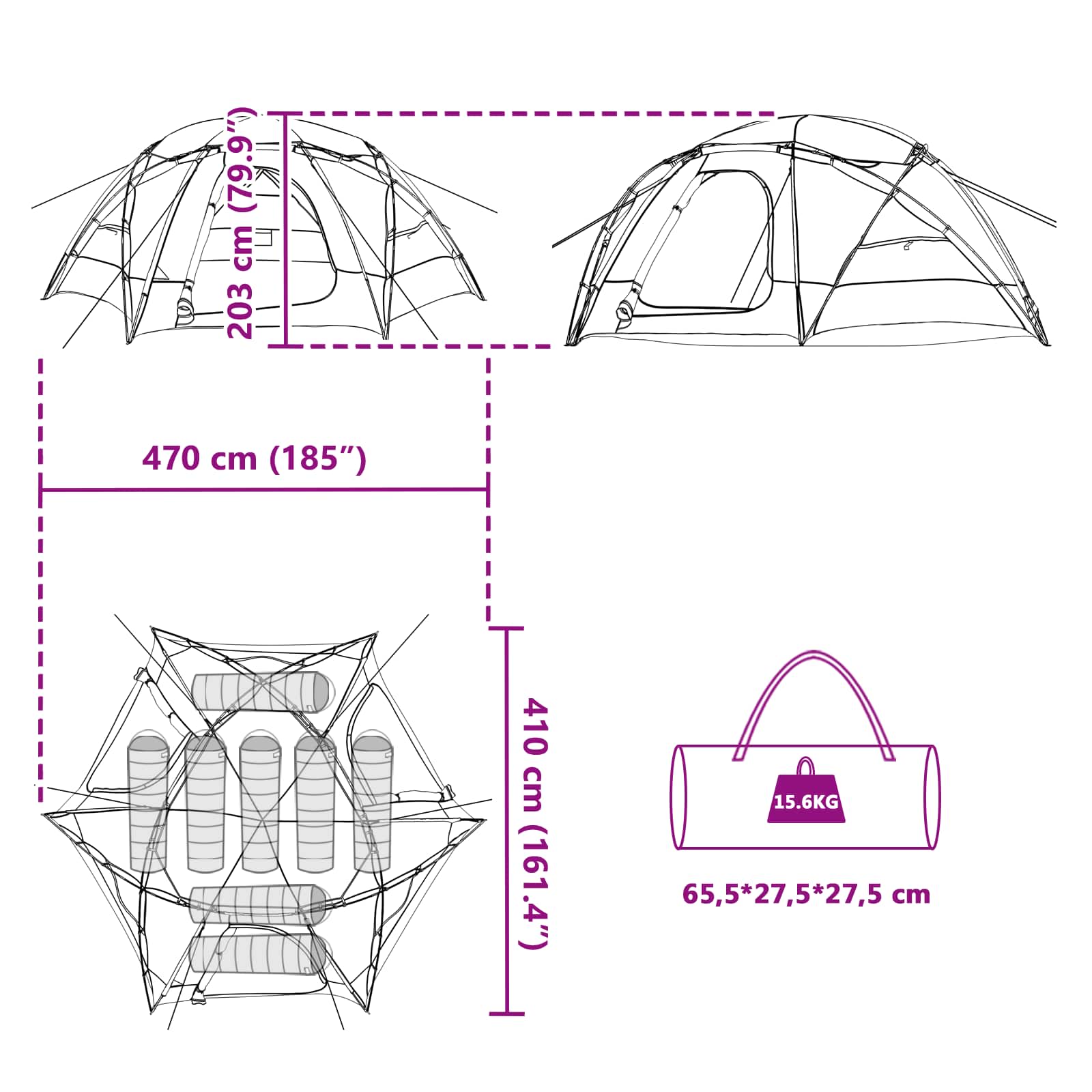 Kuppelzelt mit abnehmbarem Regenfly 8 Personen Blau