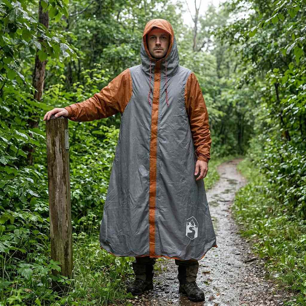 2-in-1 Regenponcho mit Kapuze Grau und Orange