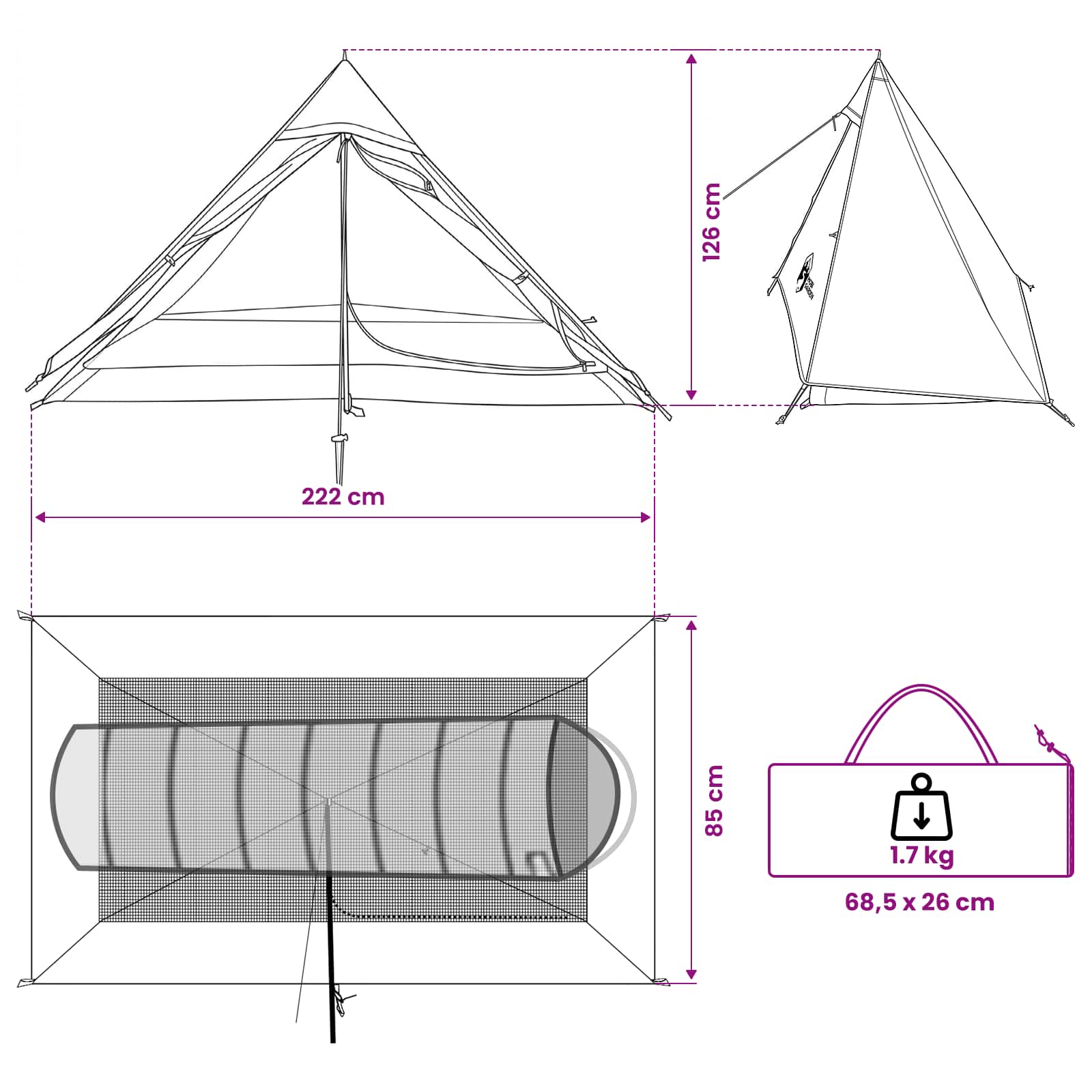 Trekkingzelt 222 x 85 x 125 cm Grau und Orange