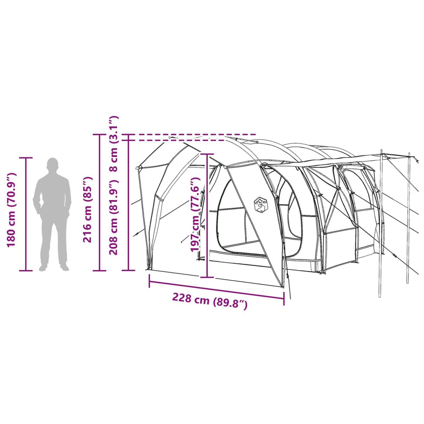 Tunnelzelt 6 Personen Grün 185T Polyester mit PU-Beschichtung