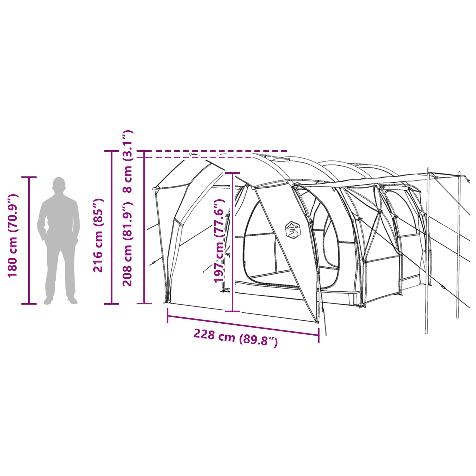 Tunnelzelt 6 Personen Grün 185T Polyester mit PU-Beschichtung