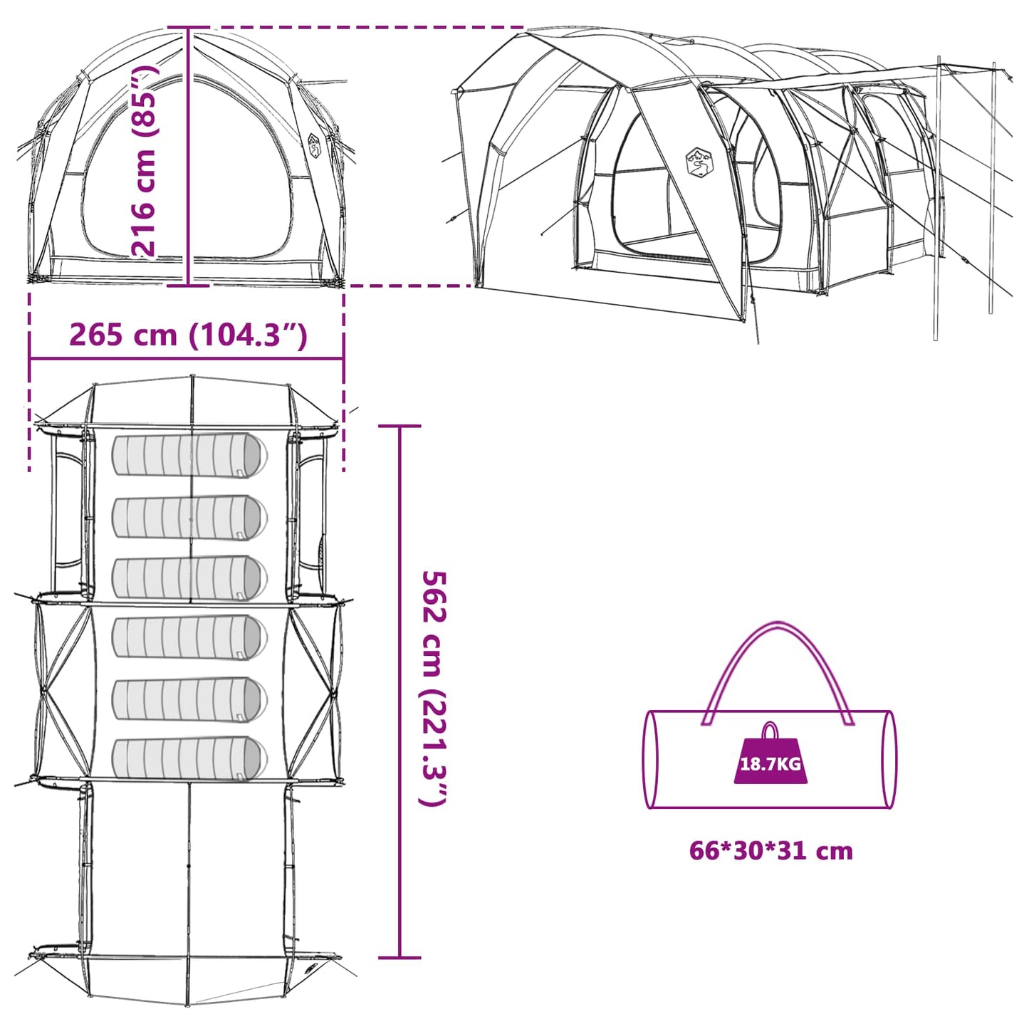 Tunnelzelt 6 Personen Blau 185T Polyester mit PU-Beschichtung