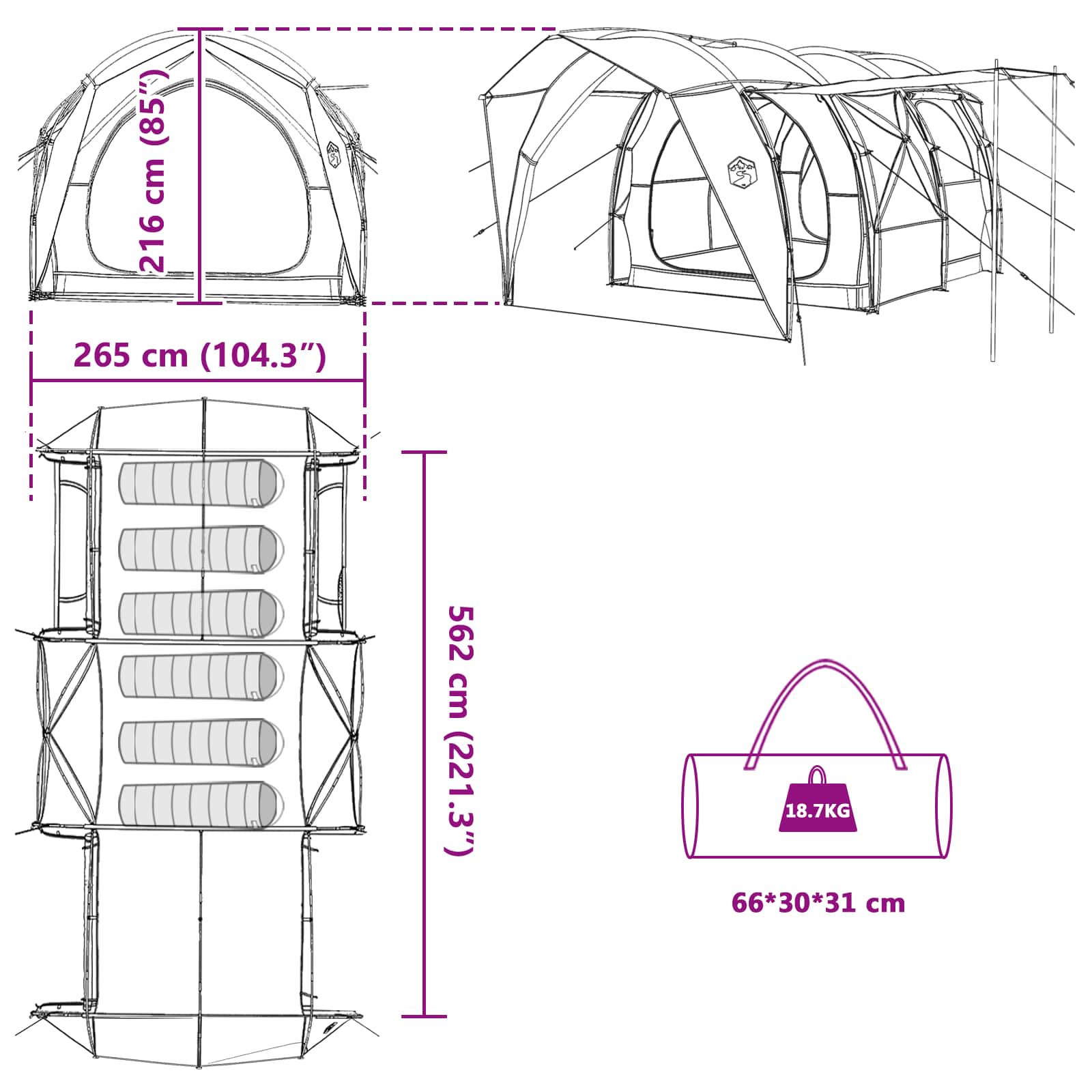 Tunnelzelt 6 Personen Grau und Orange