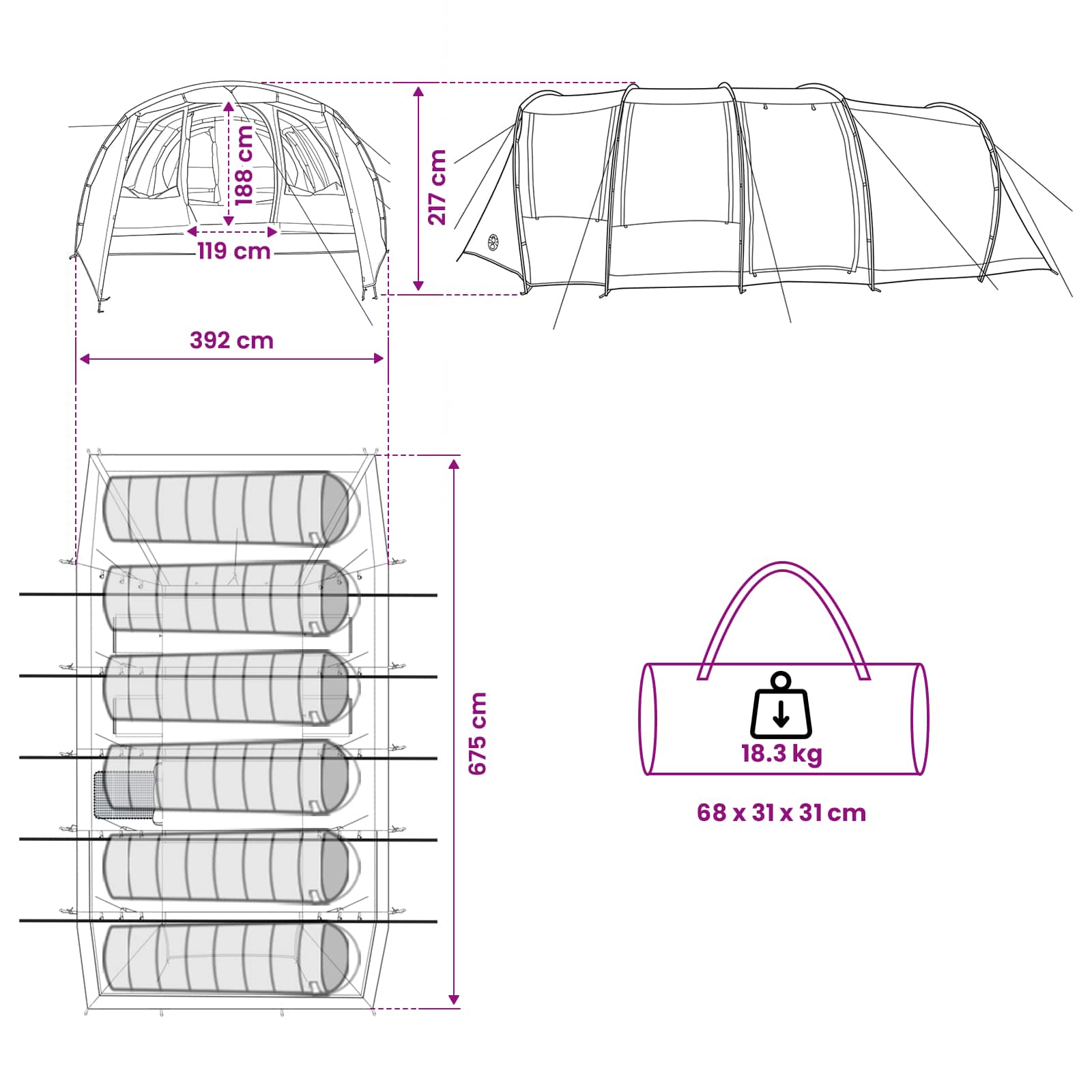 Tunnelzelt 675 x 392 x 210 cm Grau und Orange