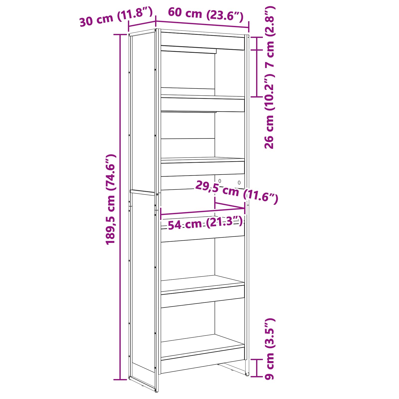 Bücherregal 60 x 30 x 189,5 cm Holzwerkstoff