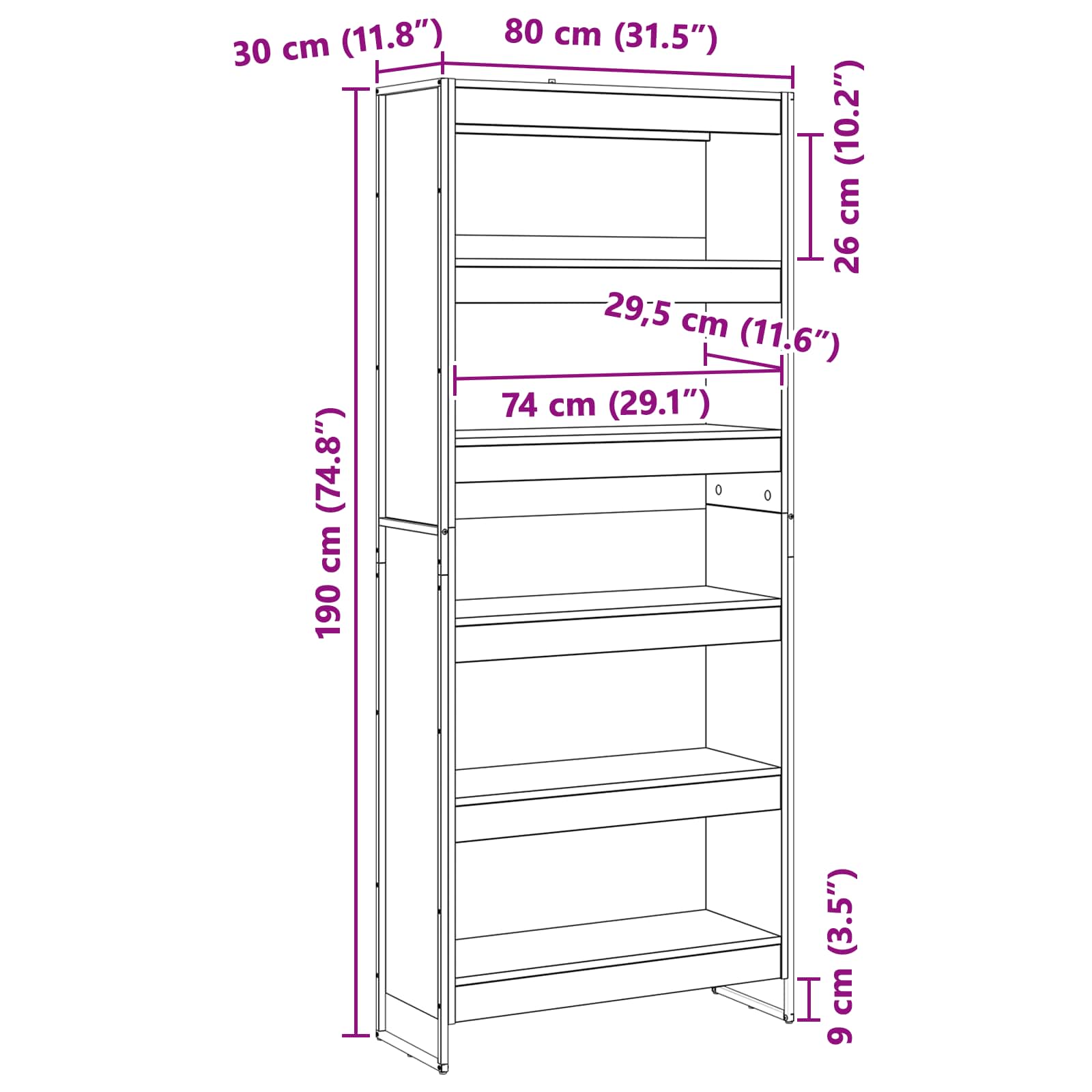 Bücherregal 80 x 30 x 189,5 cm Holzwerkstoff