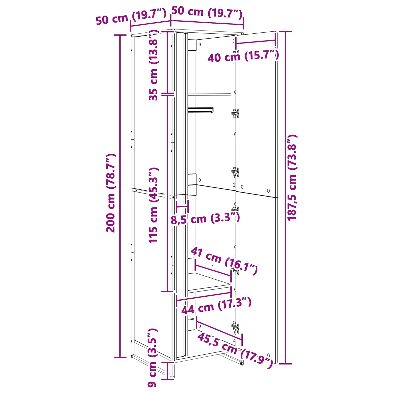Warderobe mit Tür Graues Sonoma 50 x 50 x 200 cm Holzwerkstoff