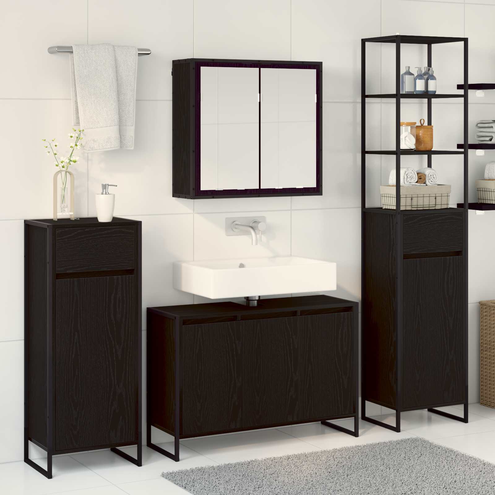 Badezimmermöbel-Set mit Tür Schwarz Eichen-Optik Holzwerkstoff