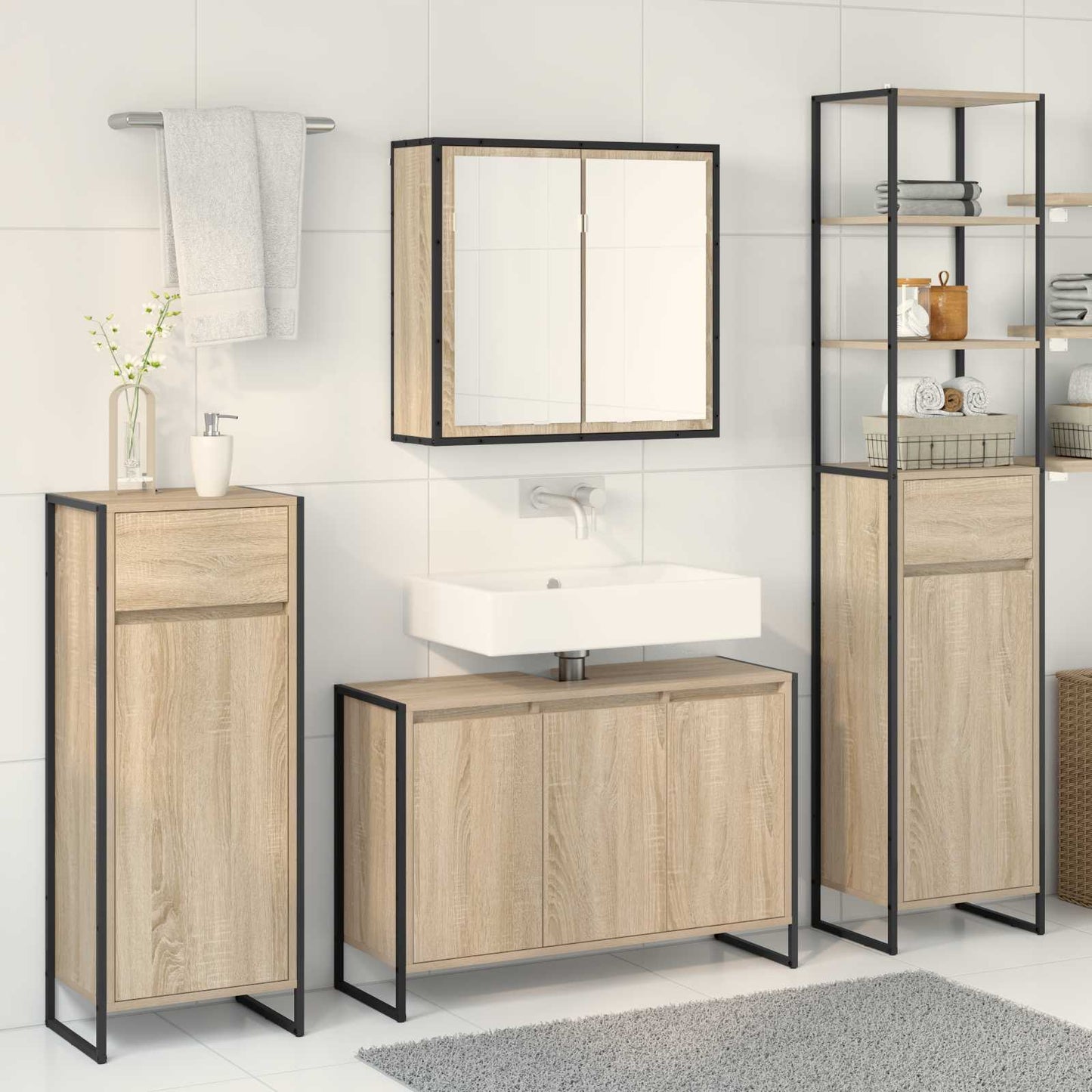 Badezimmermöbel-Set mit Schubladen Sonoma-Eiche Holzwerkstoff