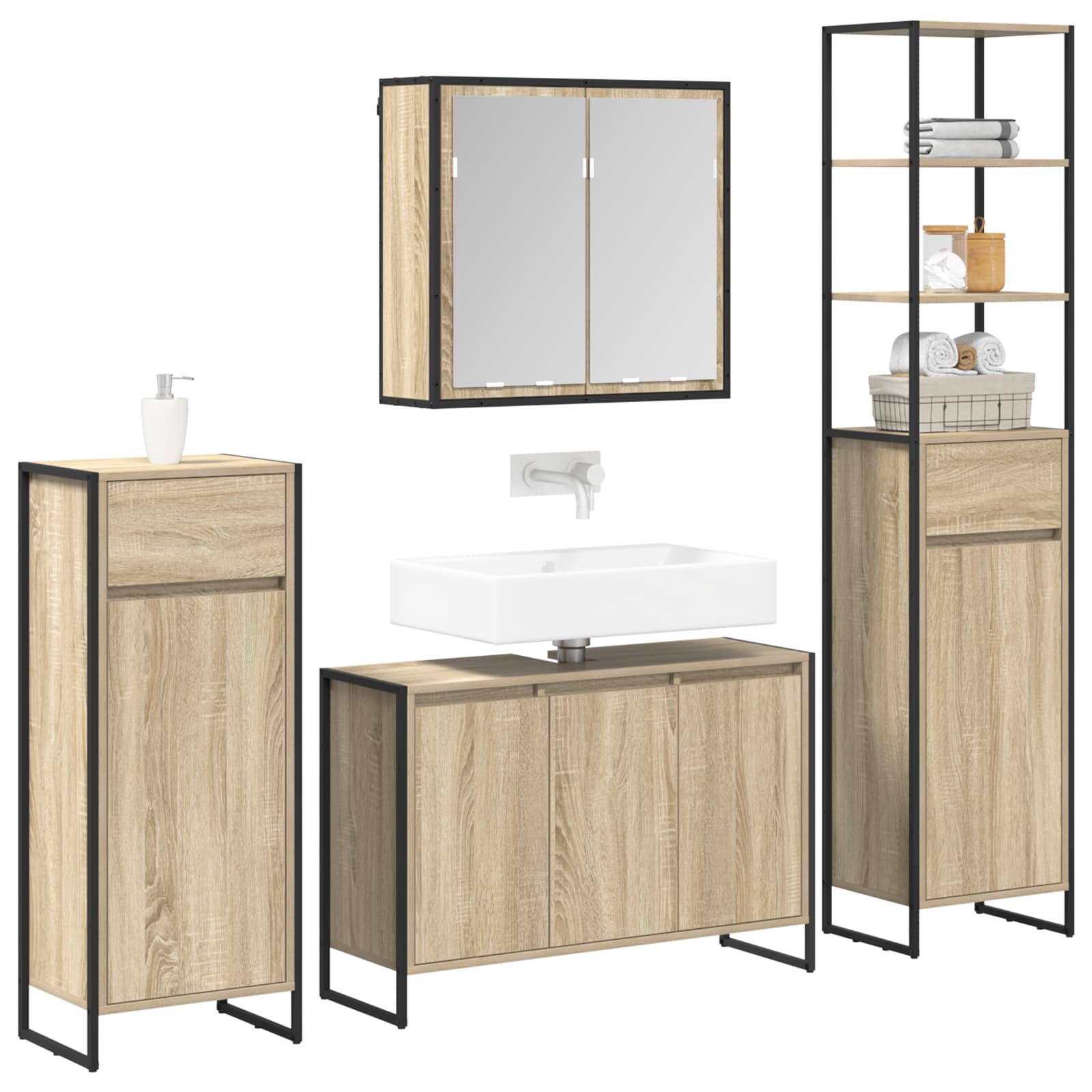 Badezimmermöbel-Set mit Schubladen Sonoma-Eiche Holzwerkstoff