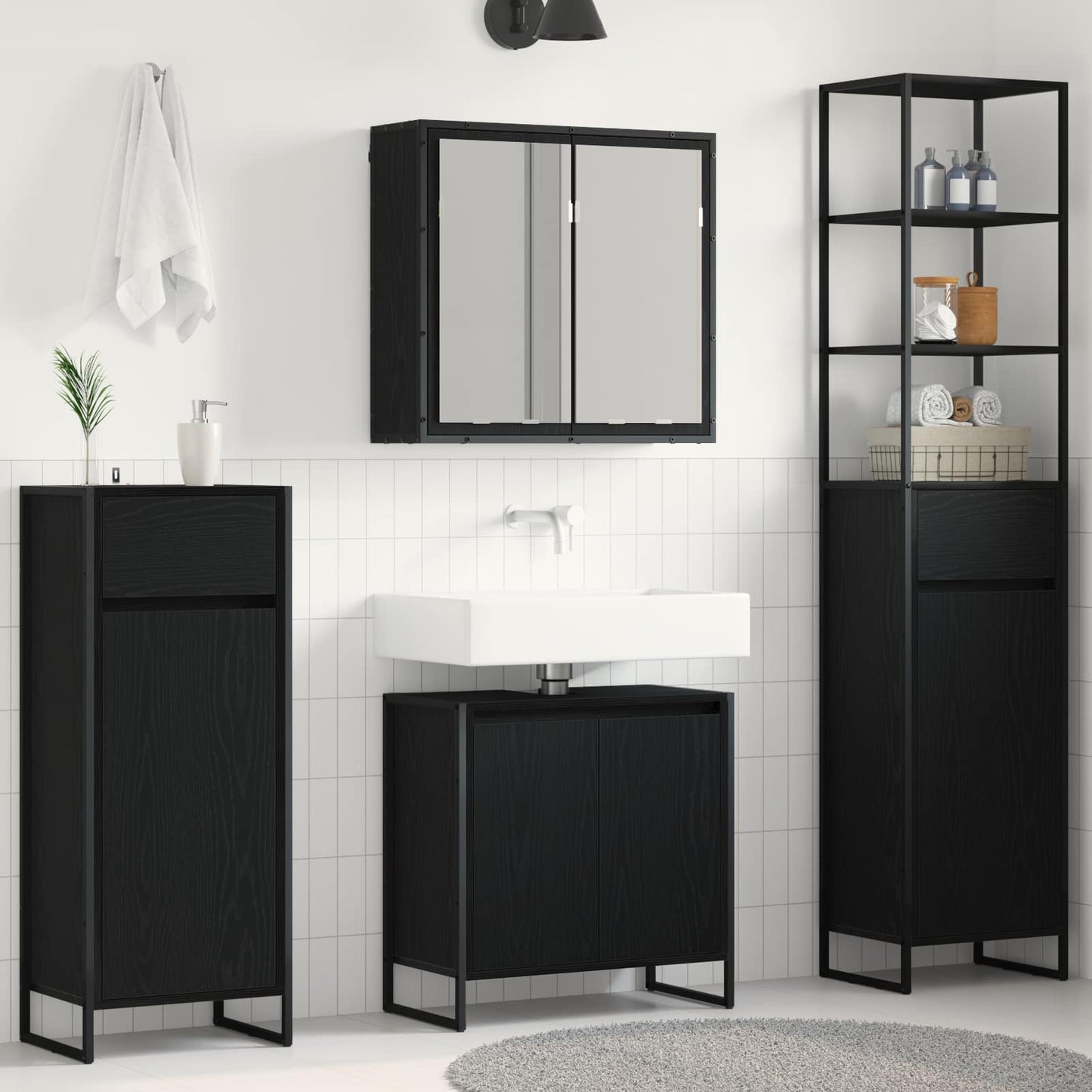 Badezimmermöbel-Set 4 stk. Schwarz Eichen-Optik Holzwerkstoff