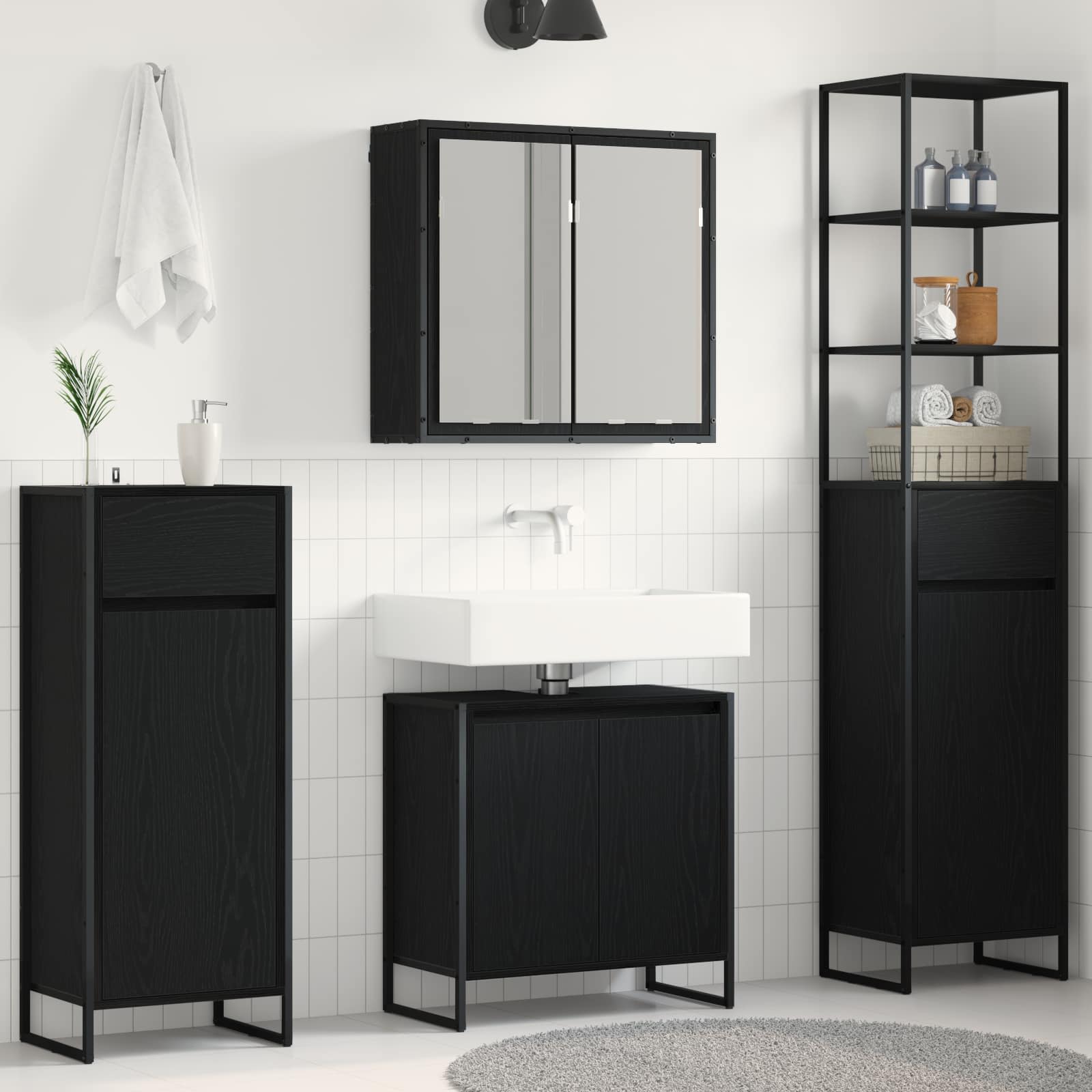 Badezimmermöbel-Set 4 stk. Schwarz Eichen-Optik Holzwerkstoff