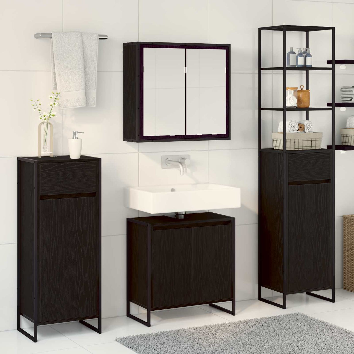Badezimmermöbel-Set 4 stk. Schwarz Eichen-Optik Holzwerkstoff