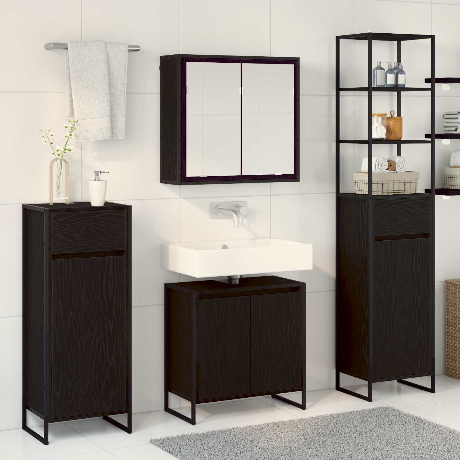 Badezimmermöbel-Set 4 stk. Schwarz Eichen-Optik Holzwerkstoff