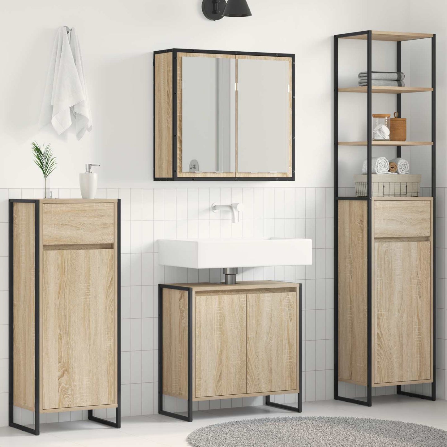 Badezimmermöbel-Set mit Schubladen Sonoma-Eiche Holzwerkstoff
