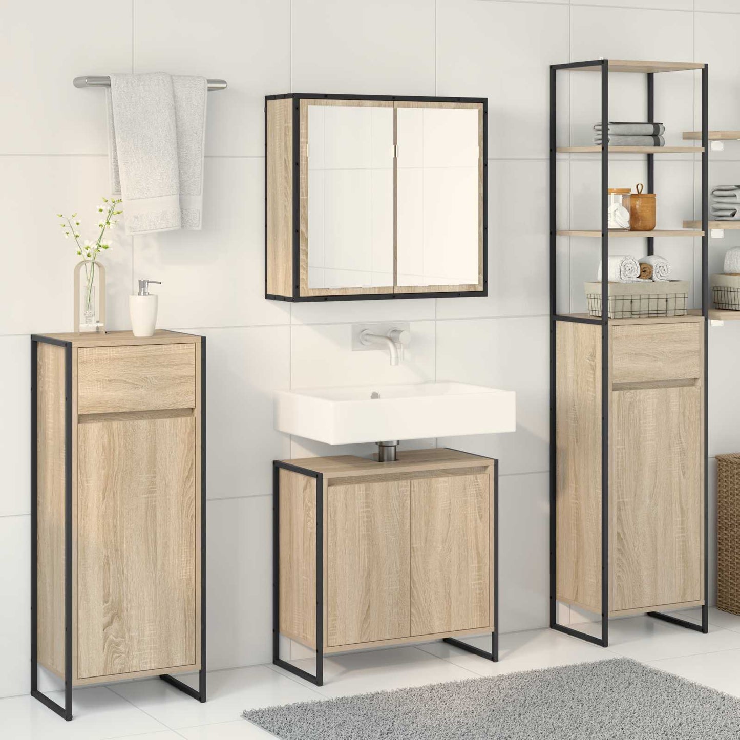 Badezimmermöbel-Set mit Schubladen Sonoma-Eiche Holzwerkstoff