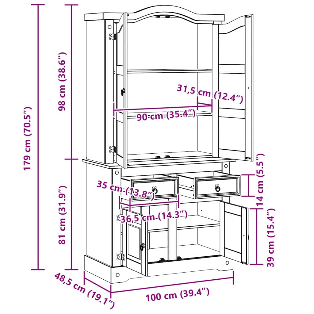 Sideboard CORONA Weiß 100 x 48,5 x 179 cm Massives Kiefernholz
