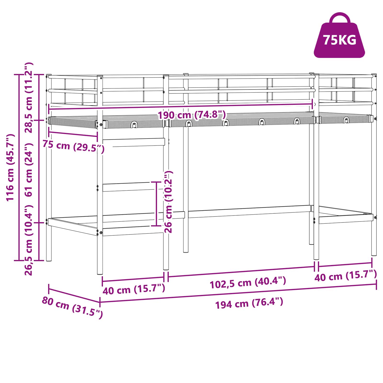 Kinderloftbett Uni Schwarz 75 x 190 cm Stahl
