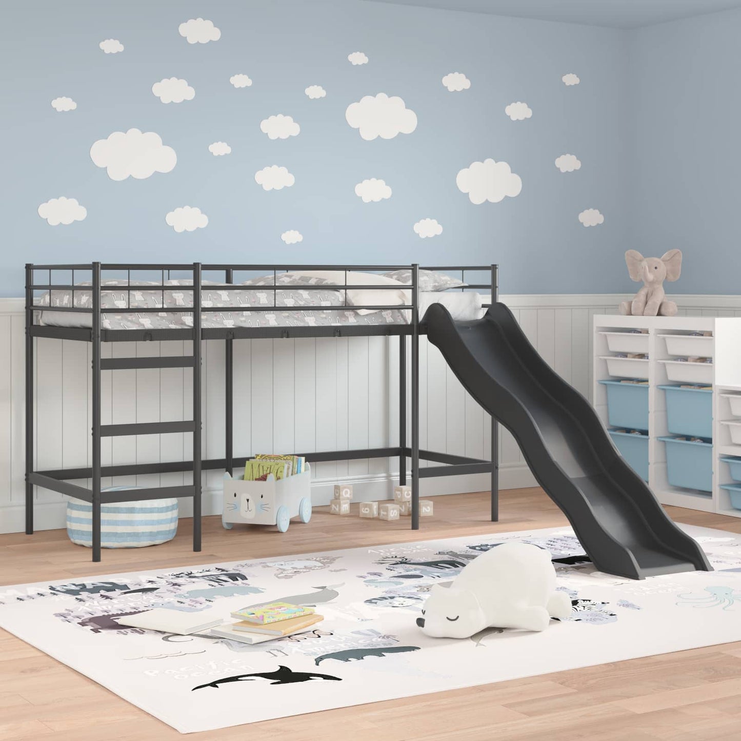 Kinder-Loftbett mit Rutsche Schwarz und Anthrazit 90 x 190 cm