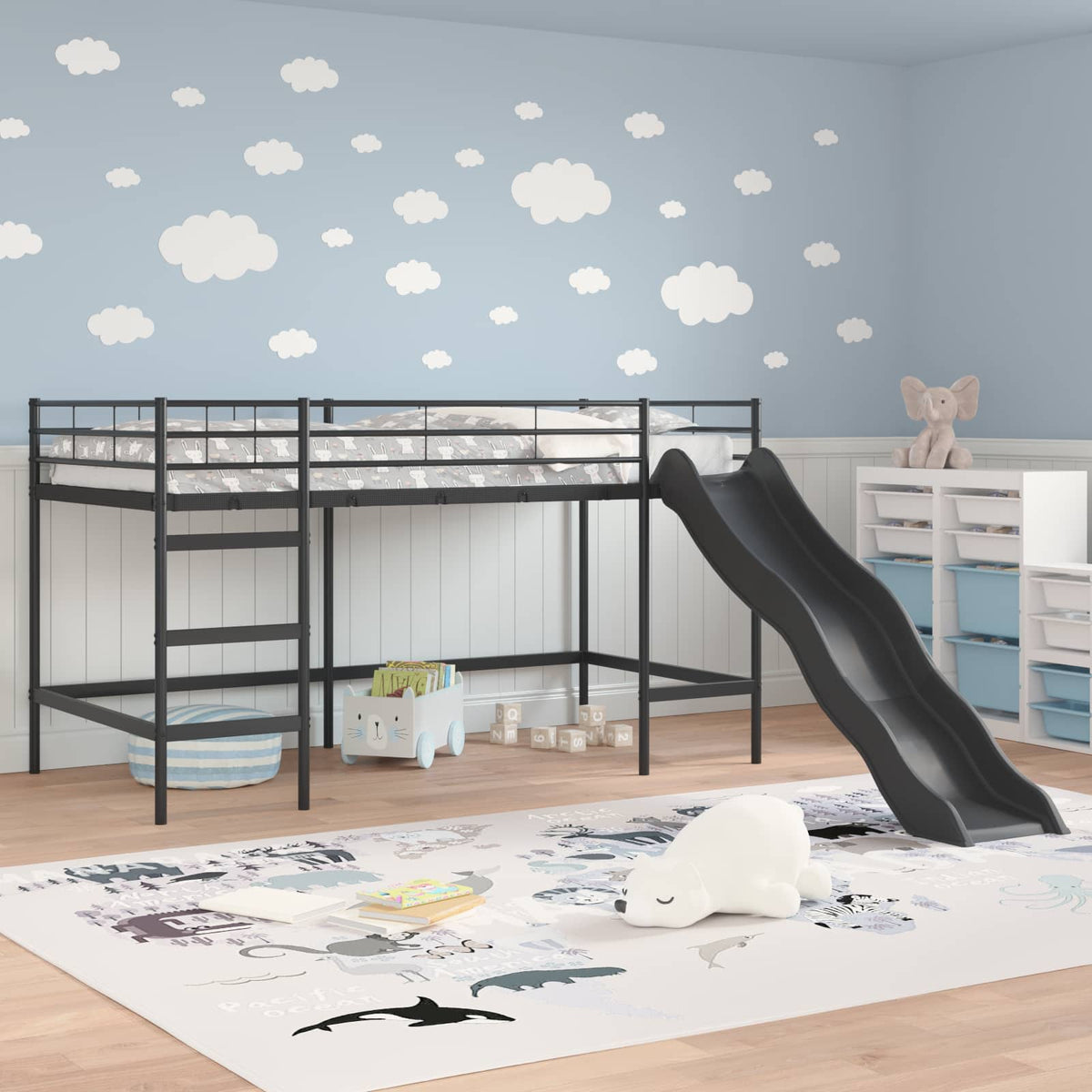 Kinder-Loftbett mit Rutsche Schwarz und Anthrazit 107 x 203 cm