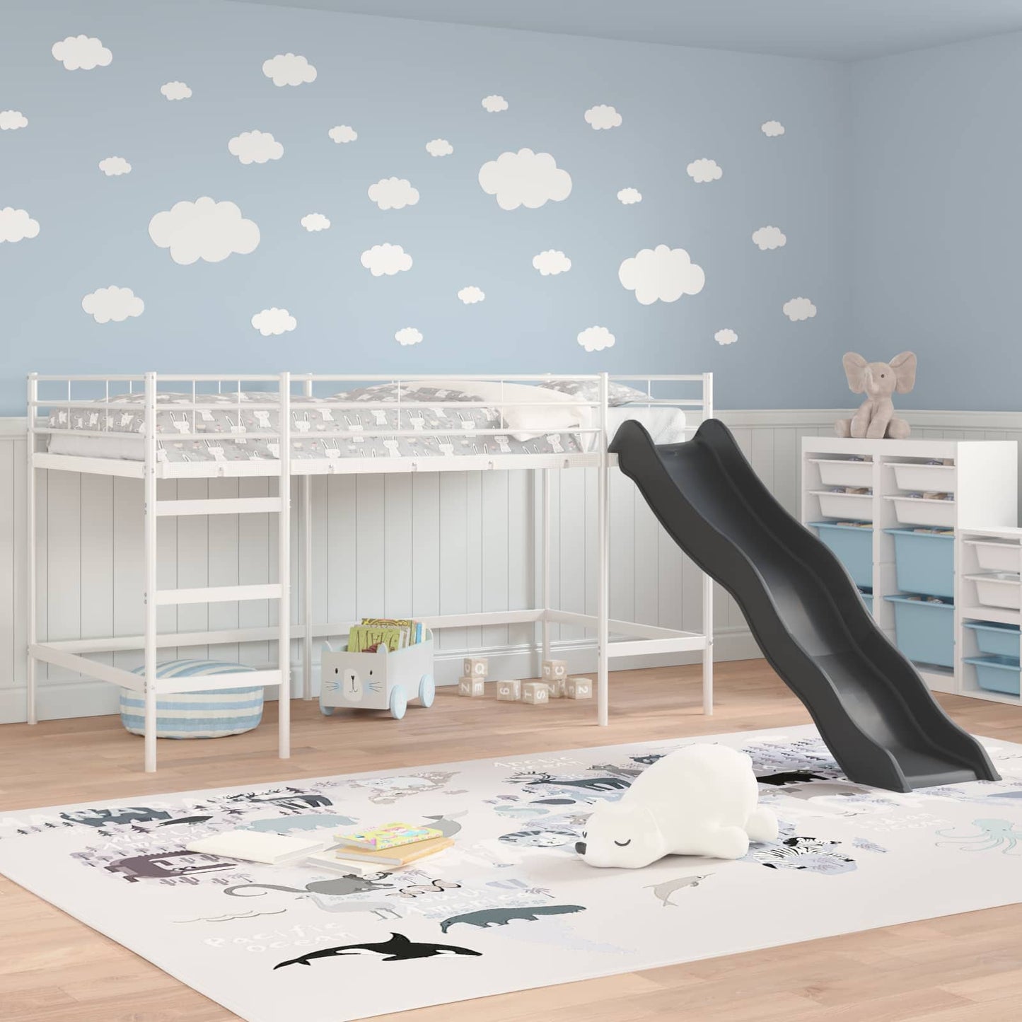 Kinder-Loftbett mit Rutsche Uni Weiß und Anthrazit 80 x 200 cm