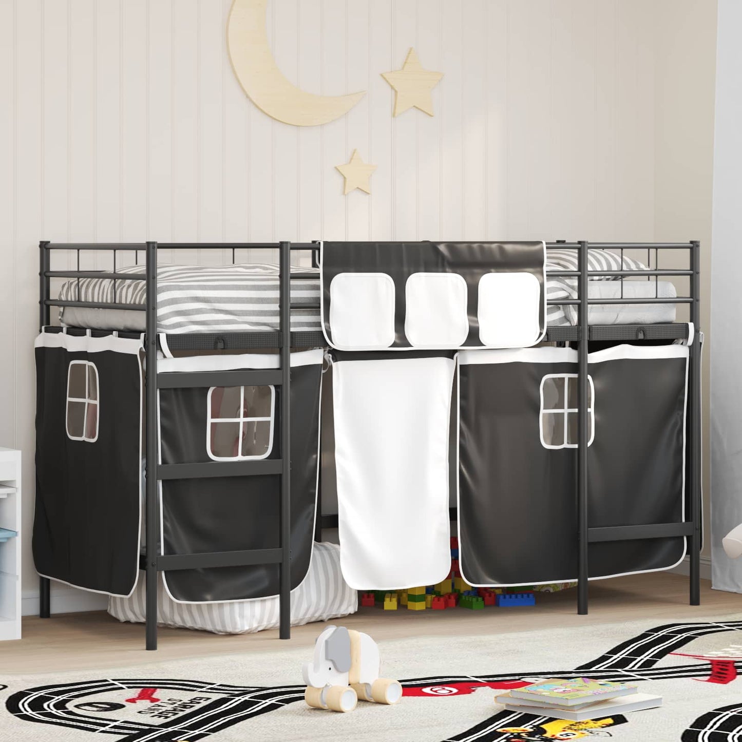 Etagenbett für Kinder mit Vorhängen Uni Schwarz 90 x 190 cm