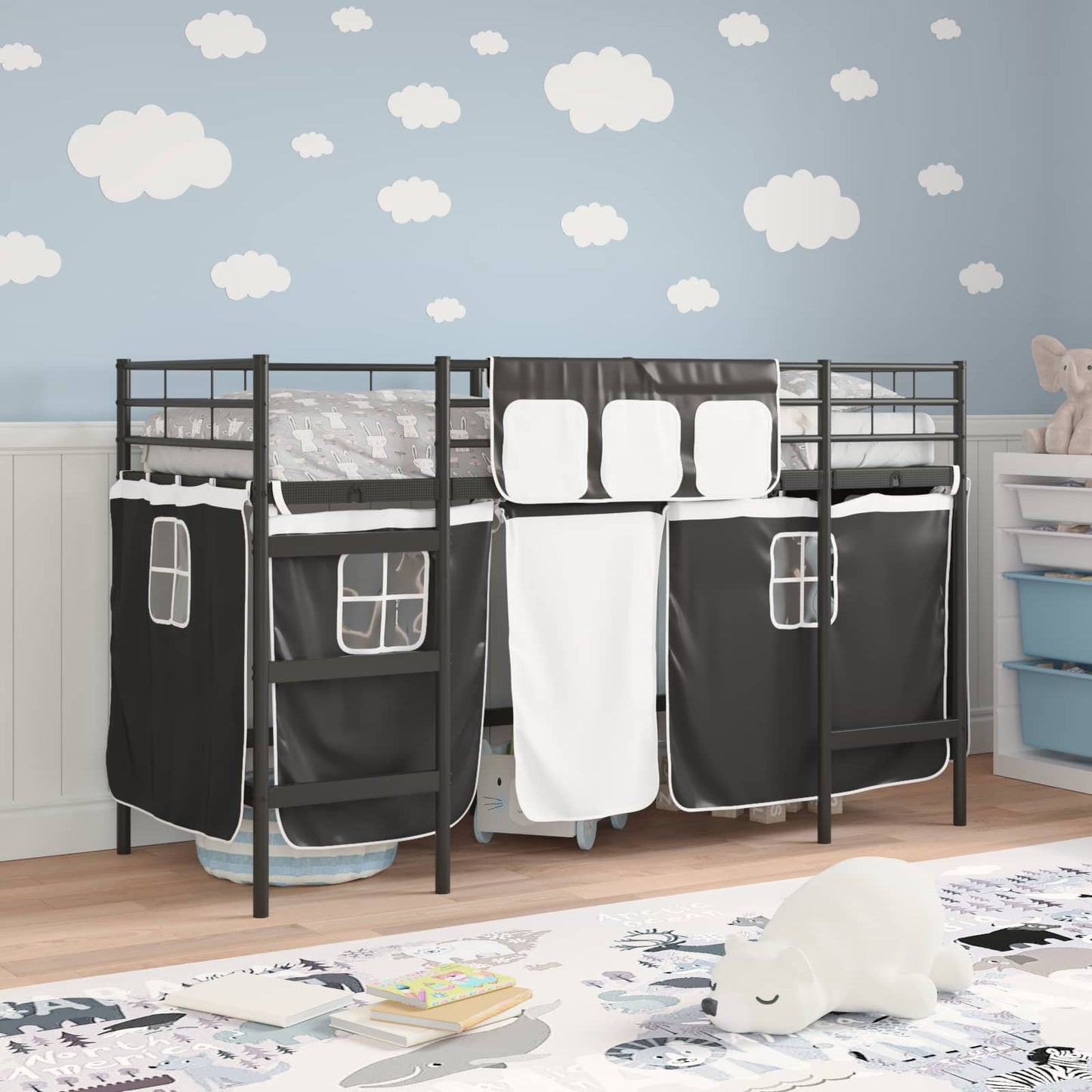 Etagenbett für Kinder mit Vorhängen Uni Schwarz 90 x 190 cm