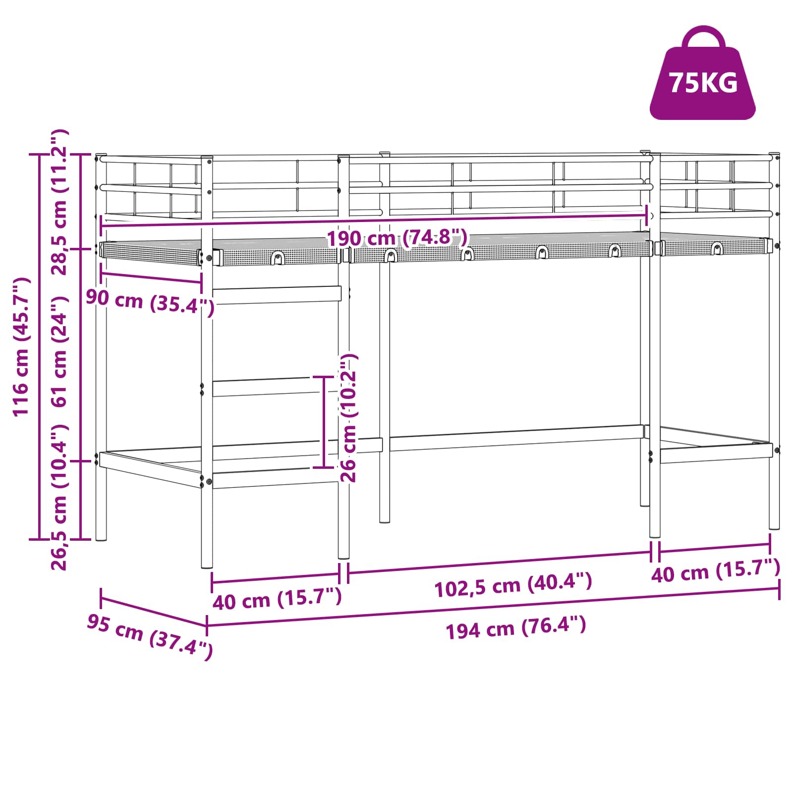 Etagenbett für Kinder mit Vorhängen Uni Schwarz 90 x 190 cm