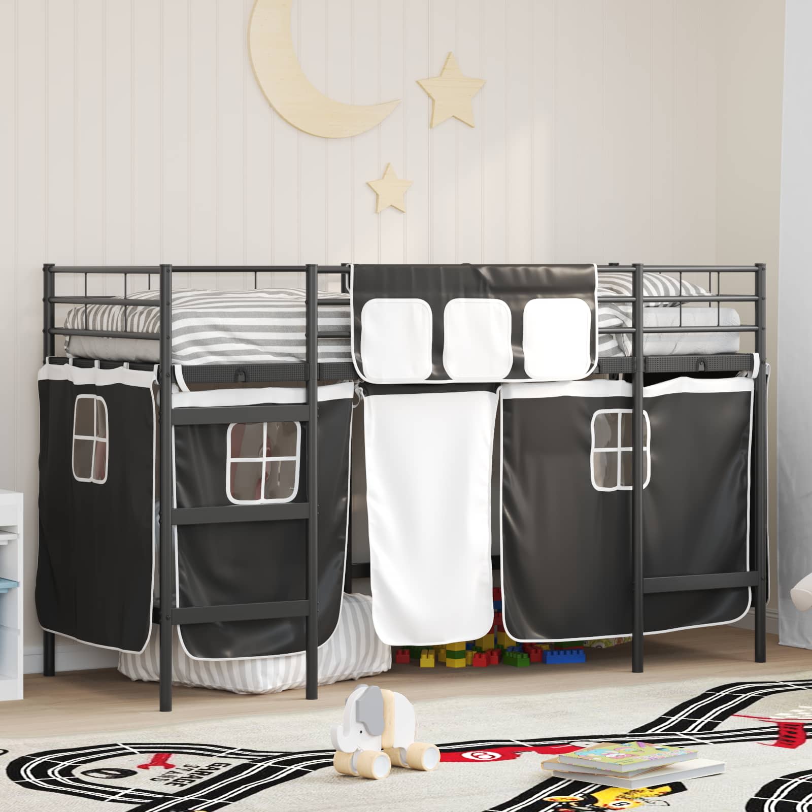 Etagenbett für Kinder mit Vorhängen Uni Schwarz 100 x 190 cm