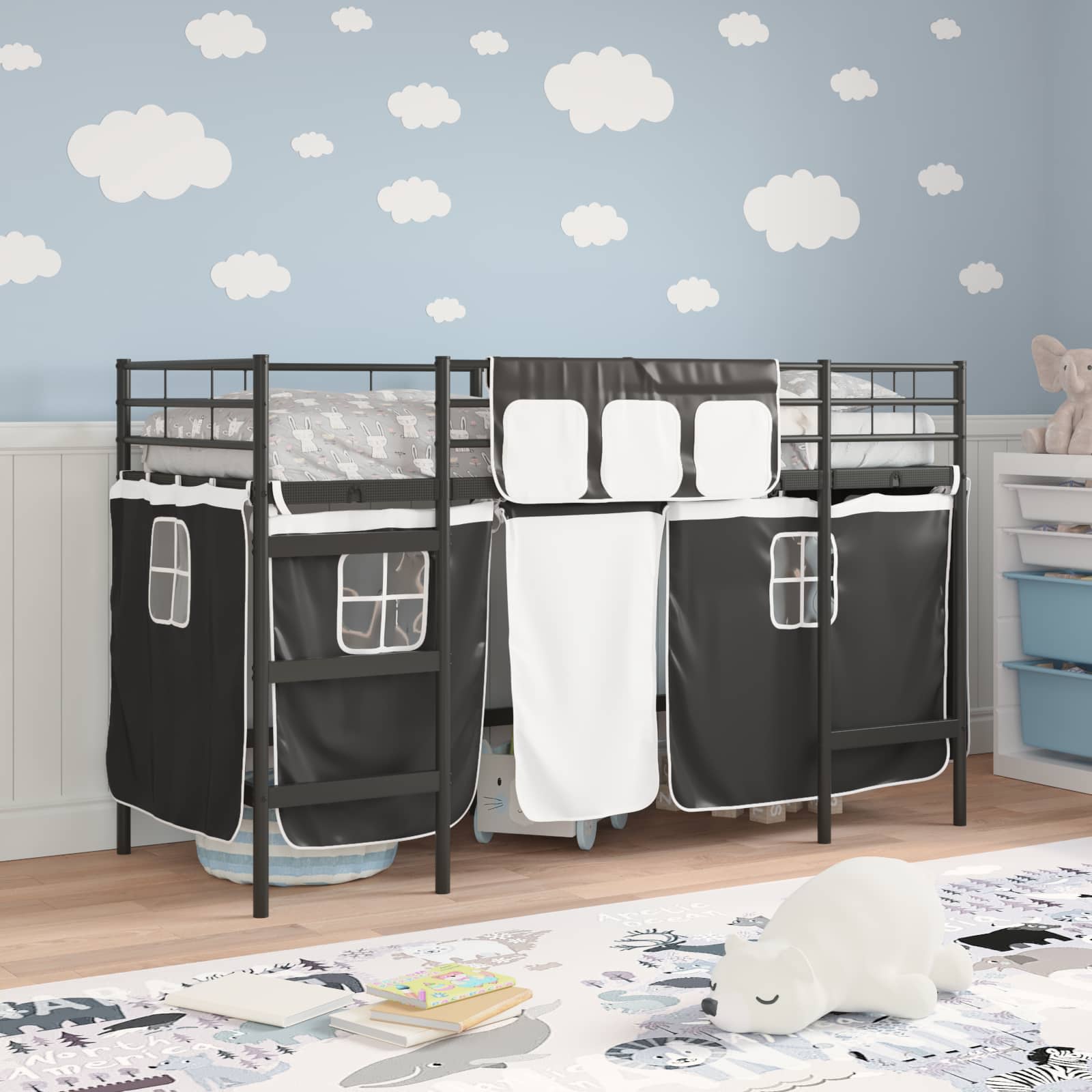 Etagenbett für Kinder mit Vorhängen Uni Schwarz 100 x 190 cm