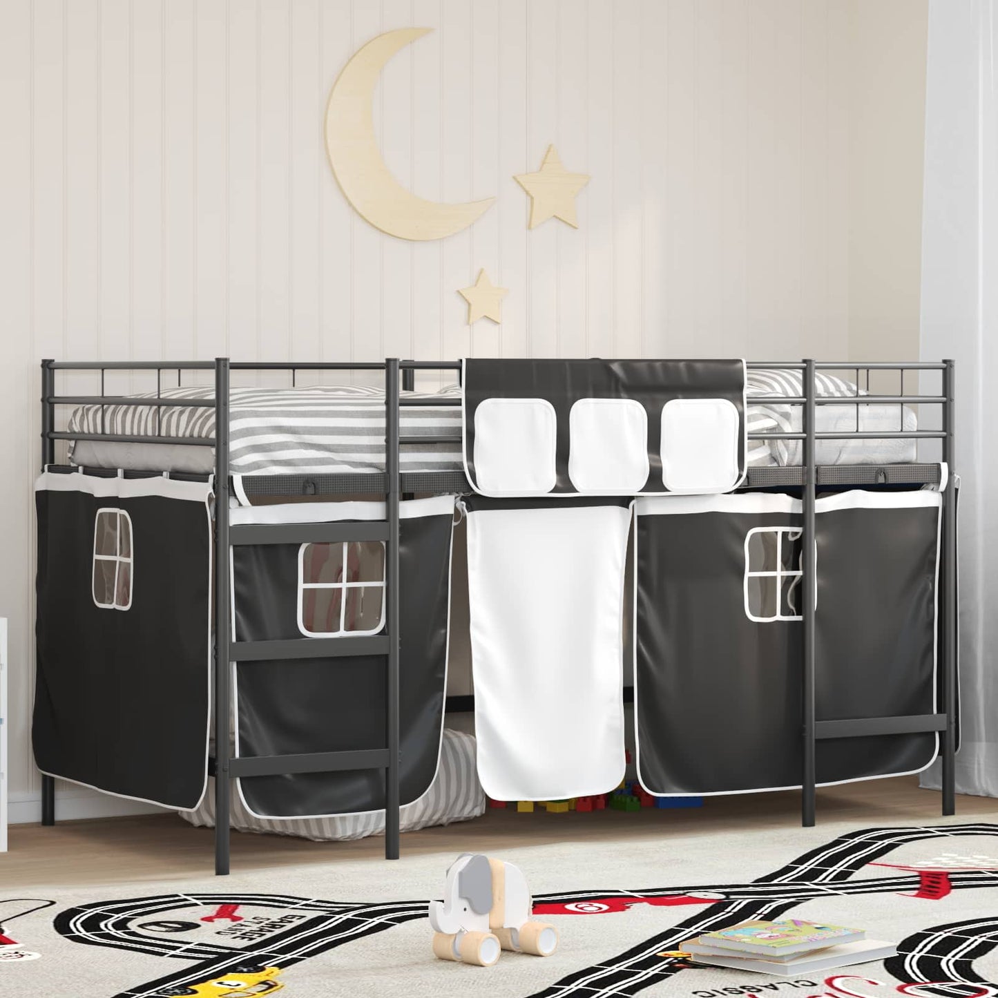 Etagenbett für Kinder mit Vorhängen Uni Schwarz 100 x 200 cm