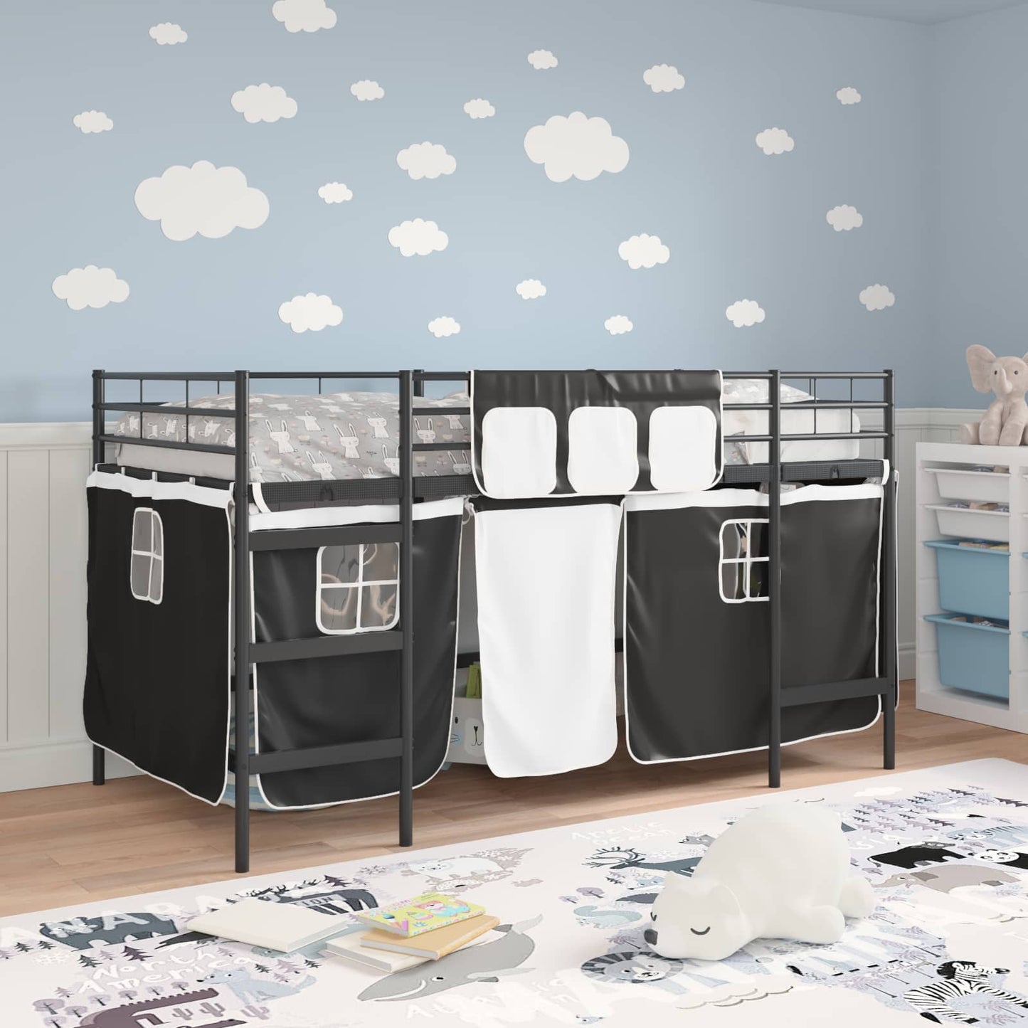 Etagenbett für Kinder mit Vorhängen Uni Schwarz 100 x 200 cm