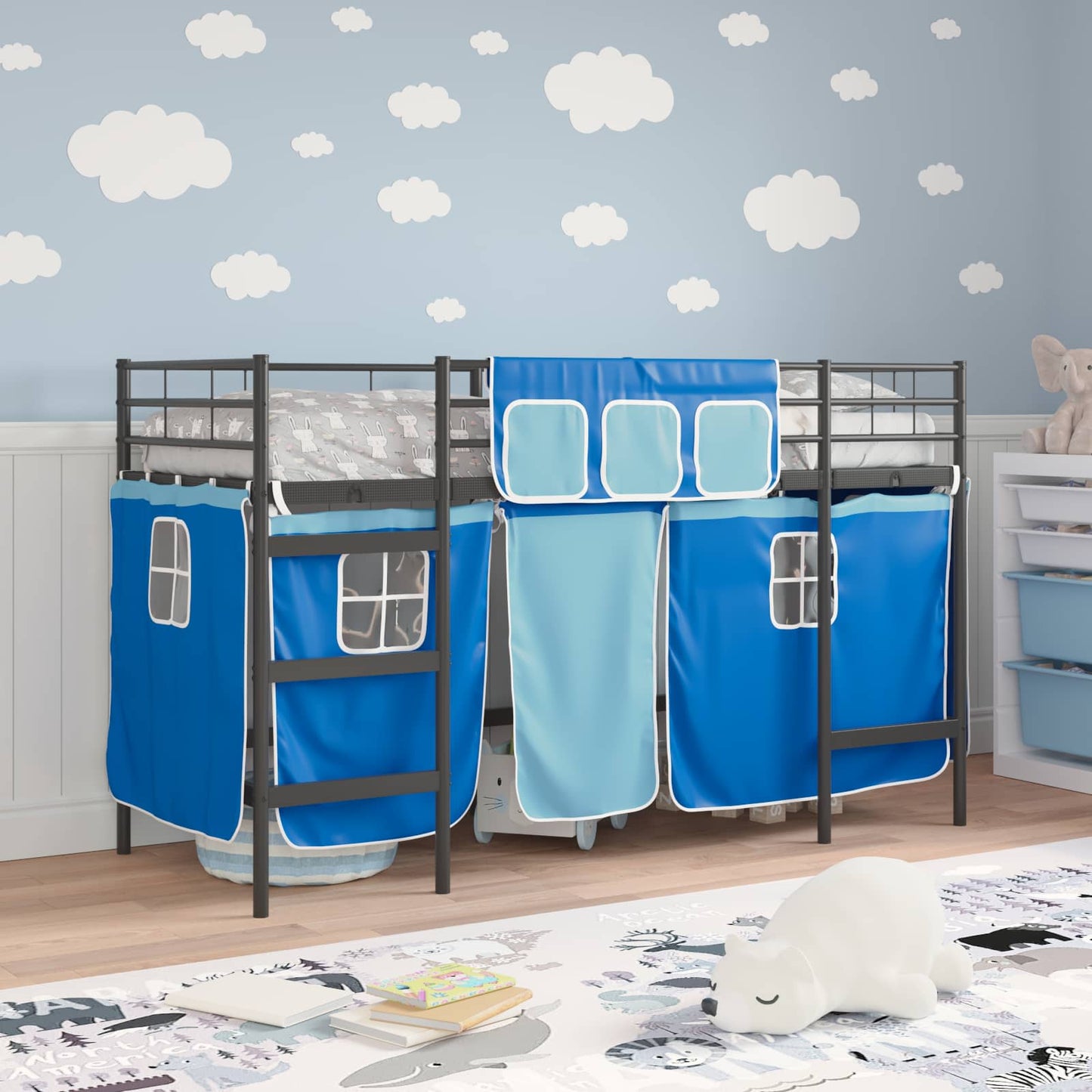 Etagenbett für Kinder mit Vorhängen Uni Schwarz und Blau