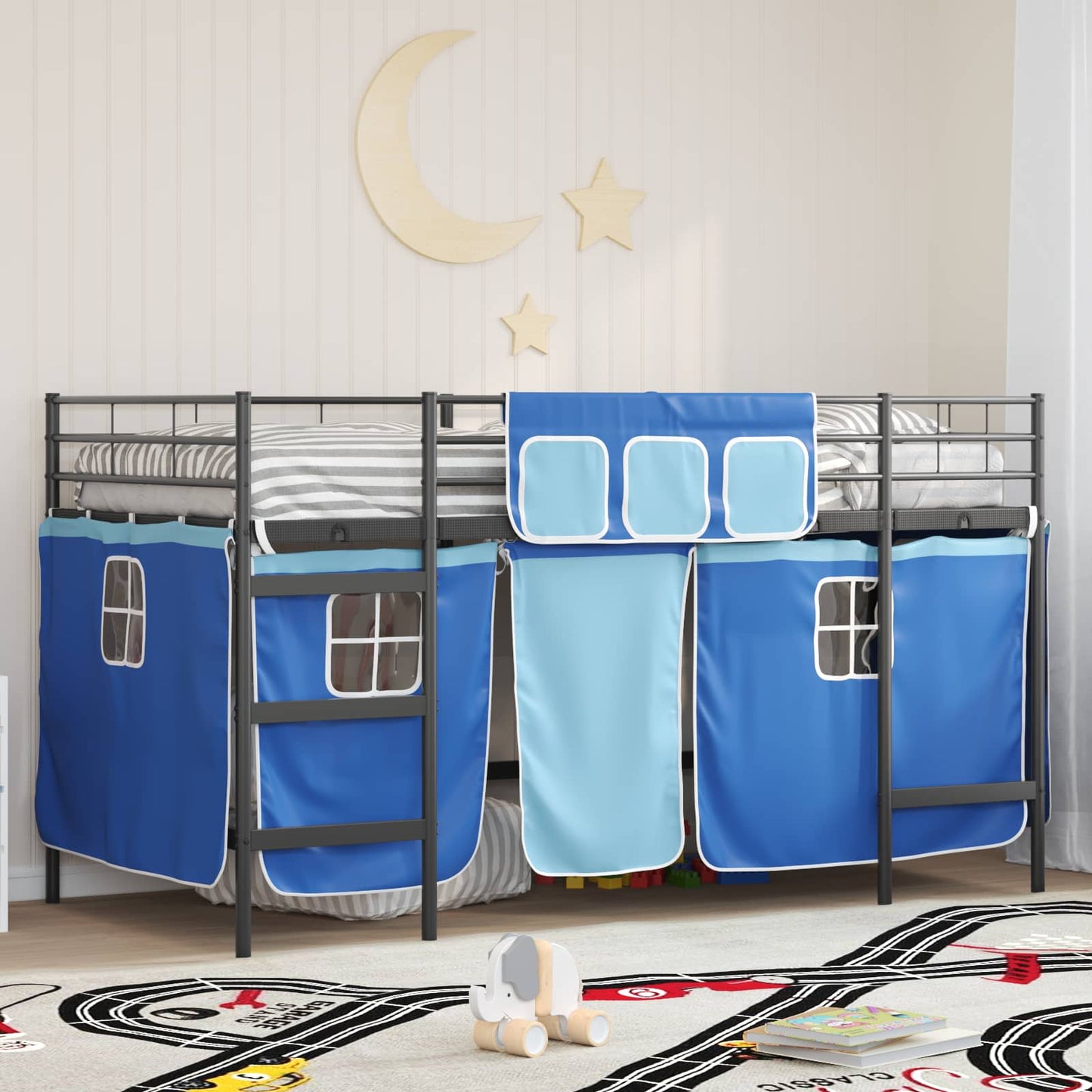 Etagenbett für Kinder mit Vorhängen Uni Schwarz und Blau